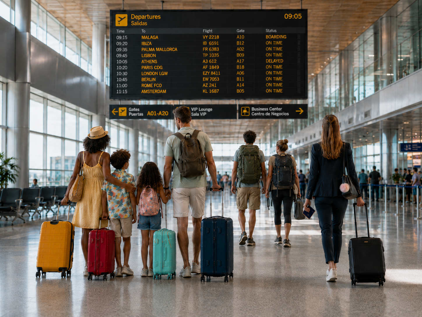 A family, a solo businesswoman, and two backpackers walking through an airport terminal